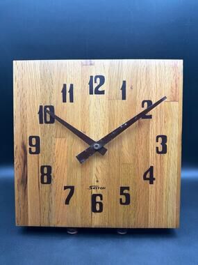 Vintage 1970s Sexton Butcher Block Wood Wall Clock USA tested WORKS USA 11” MCM